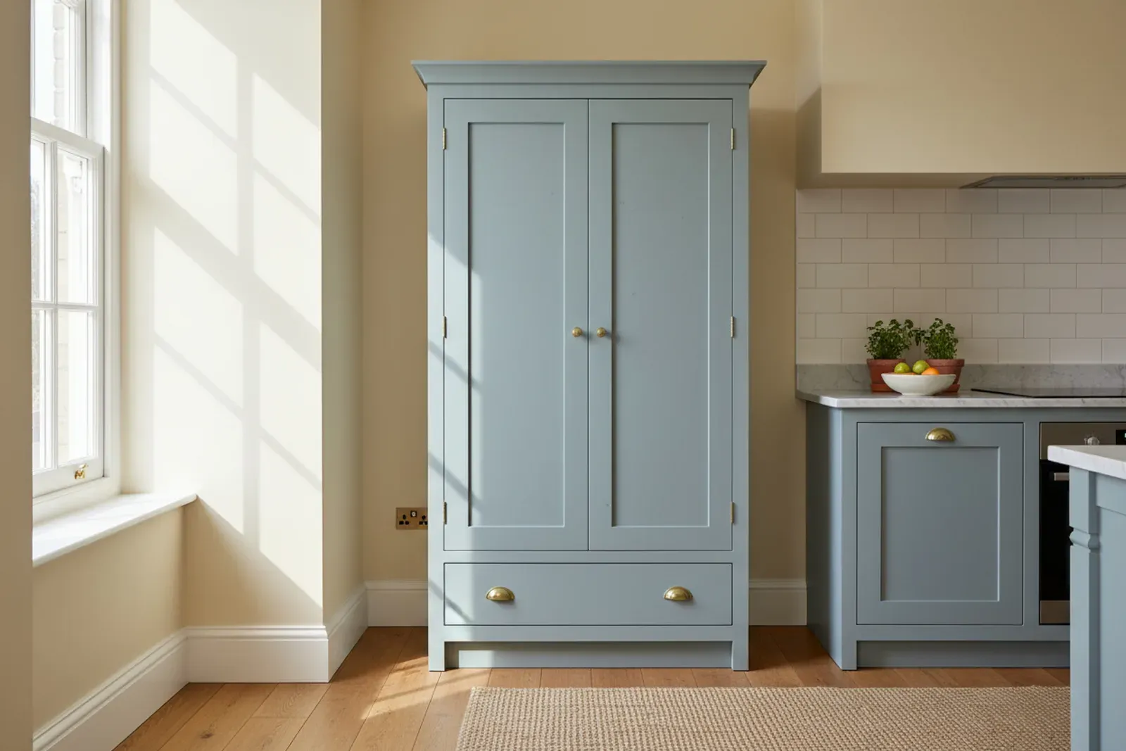 Painted larder cupboard closed, standing against a kitchen wall