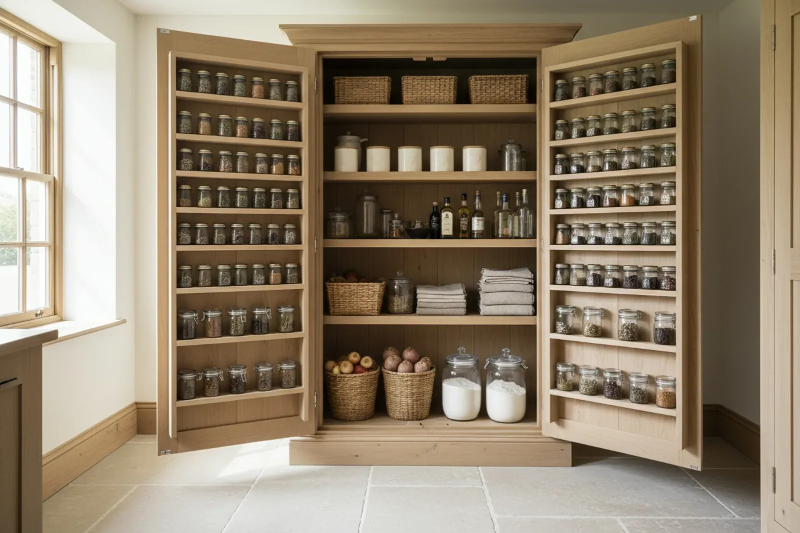 Larder interior with spice racks on the back of the doors
