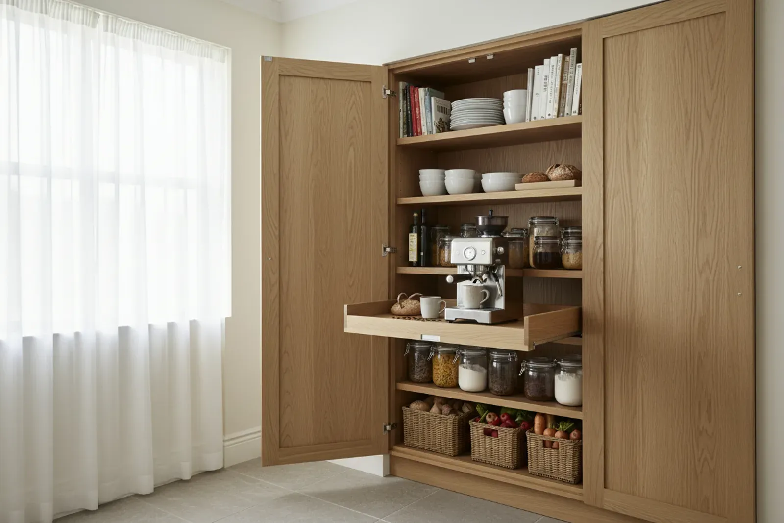 Larder cupboard with a coffee station on the pull out shelf