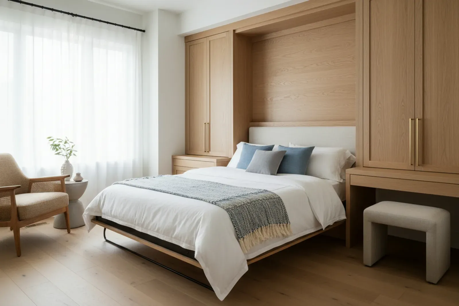 Murphy bed folded down from a wall of cabinetry in a bright guest room