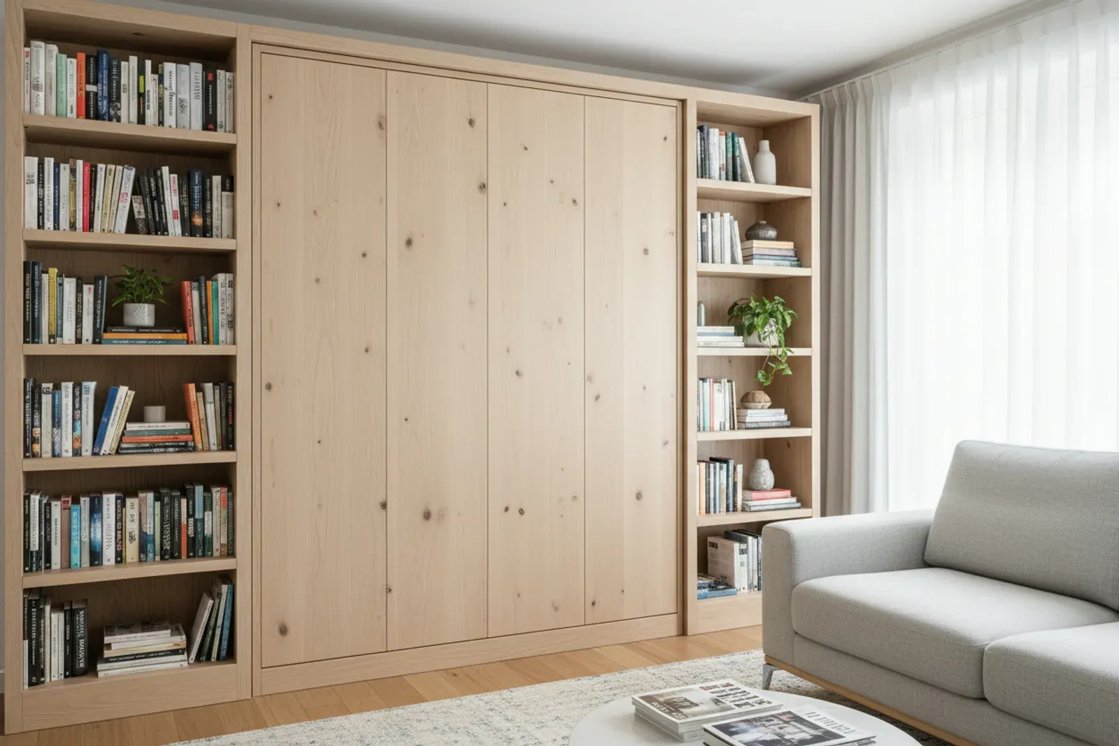 Closed murphy bed cabinet wall with bookshelves on either side