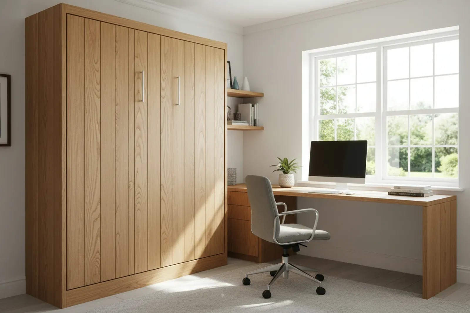 Home office with a murphy bed cabinet beside a desk
