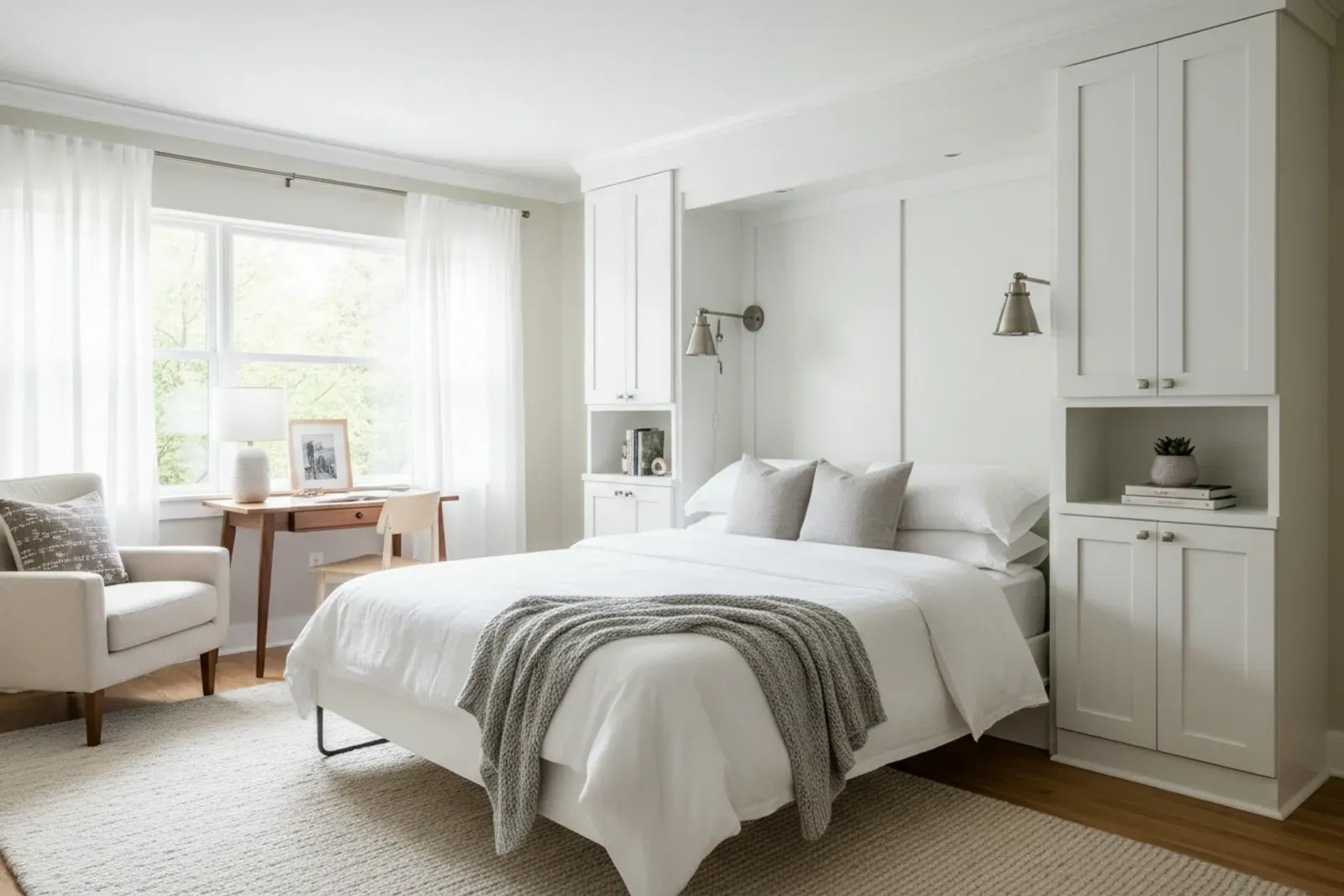 Guest room murphy bed in white painted cabinetry with reading lights