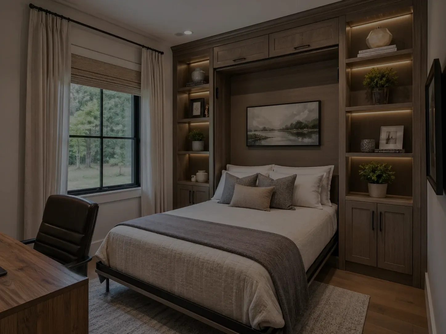 Real wood Murphy bed built into a bedroom wall with side shelving