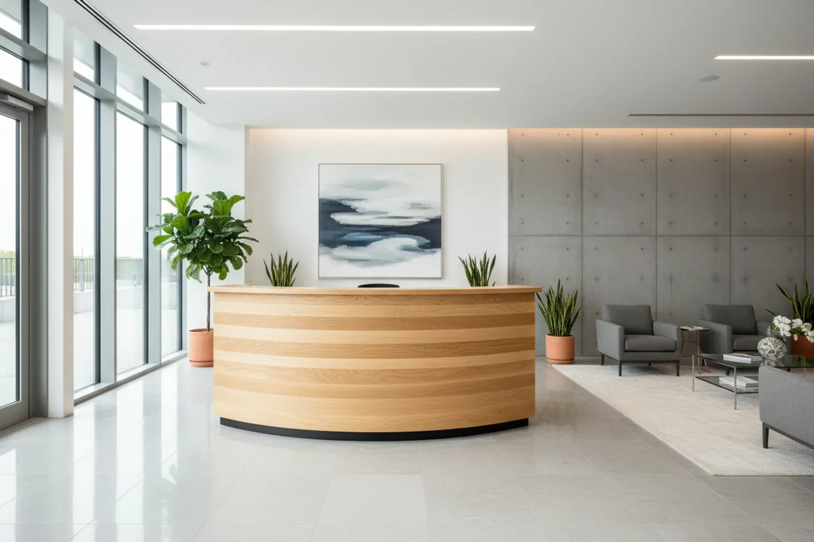 Curved wooden reception desk in a bright office lobby