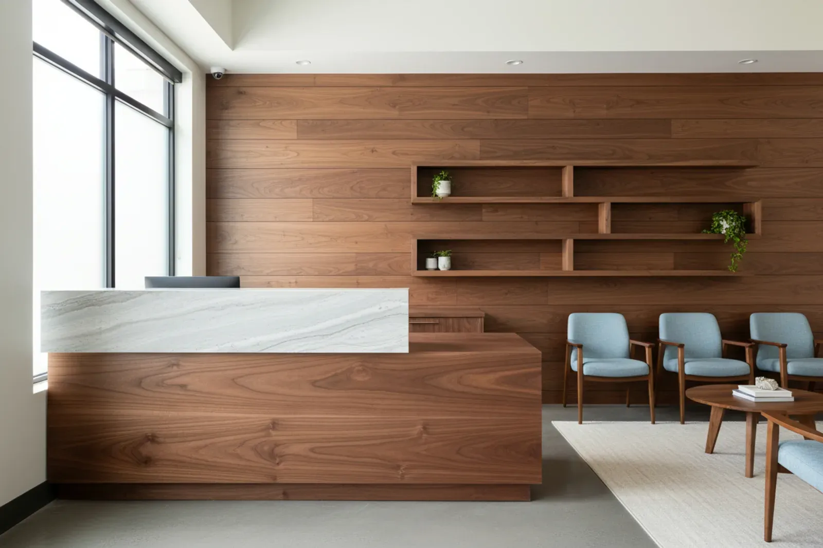 Walnut reception counter with a stone top in a clinic waiting room