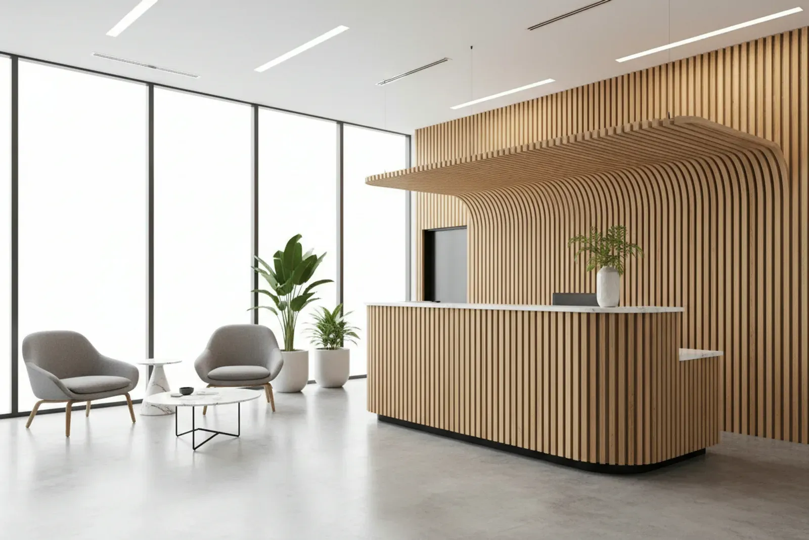 Slatted wood reception desk in a modern lobby
