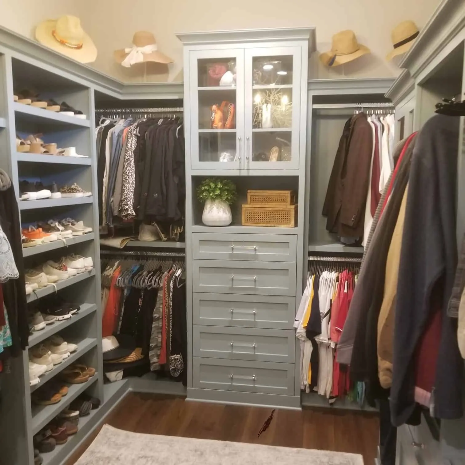 Walk-in closet with sage green cabinets, glass doors and shoe shelving in Palencia, St. Augustine