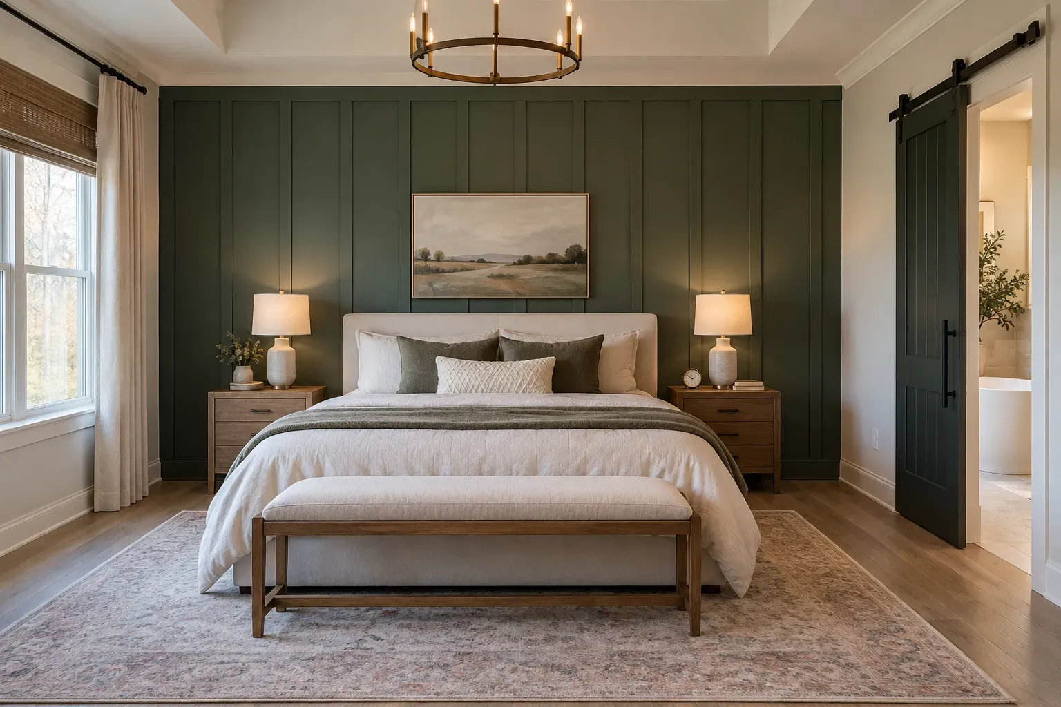Dark green board and batten accent wall behind a bed, with a black sliding barn door leading to a bathroom