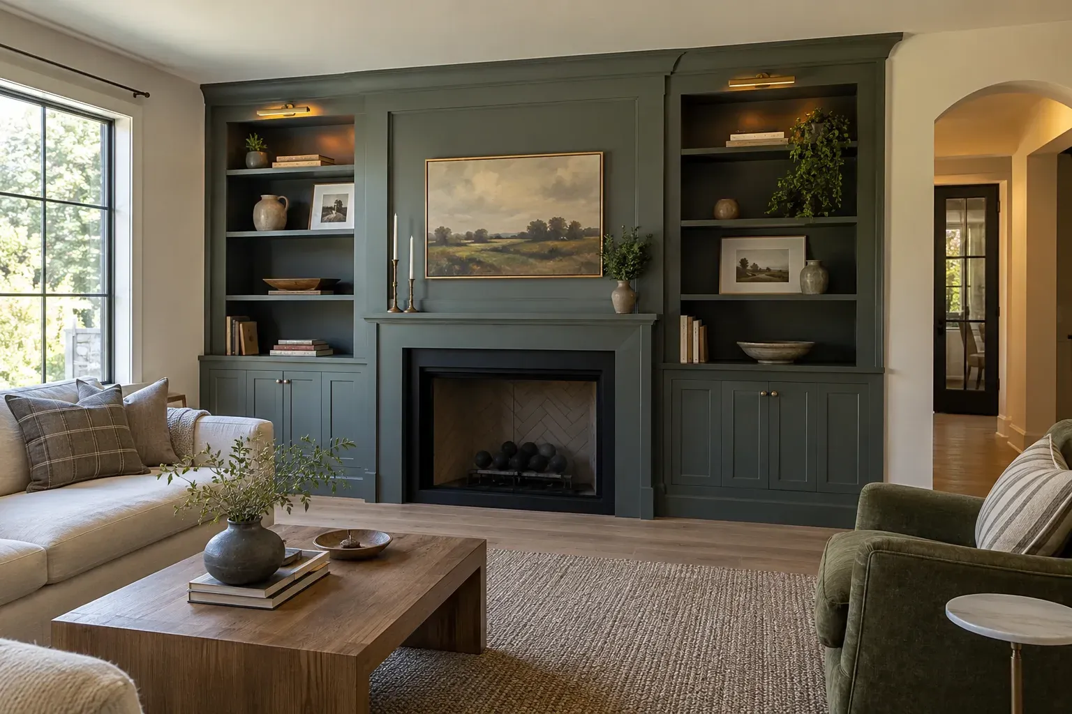 Dark green painted built-ins with open shelves and cabinets flanking a fireplace topped by a landscape painting