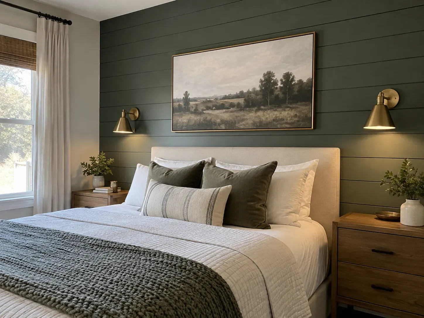 Dark green painted shiplap wall with brass wall sconces and a landscape painting above an upholstered bed