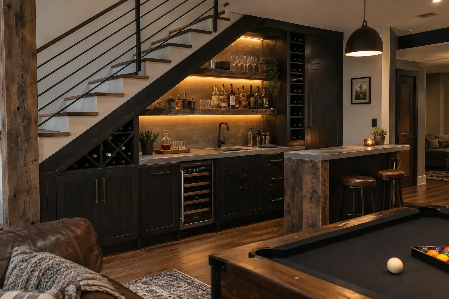 Dark under-stair home bar with lit liquor shelves, diagonal wine racks and a reclaimed wood bar counter