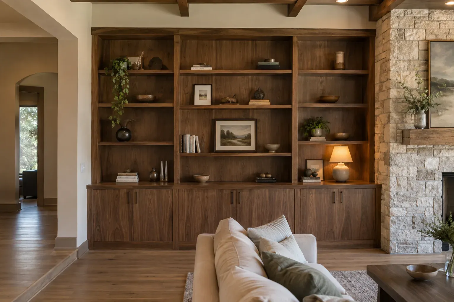 Dark walnut built-in bookcase with open shelves over flat-panel cabinets beside a stacked stone fireplace