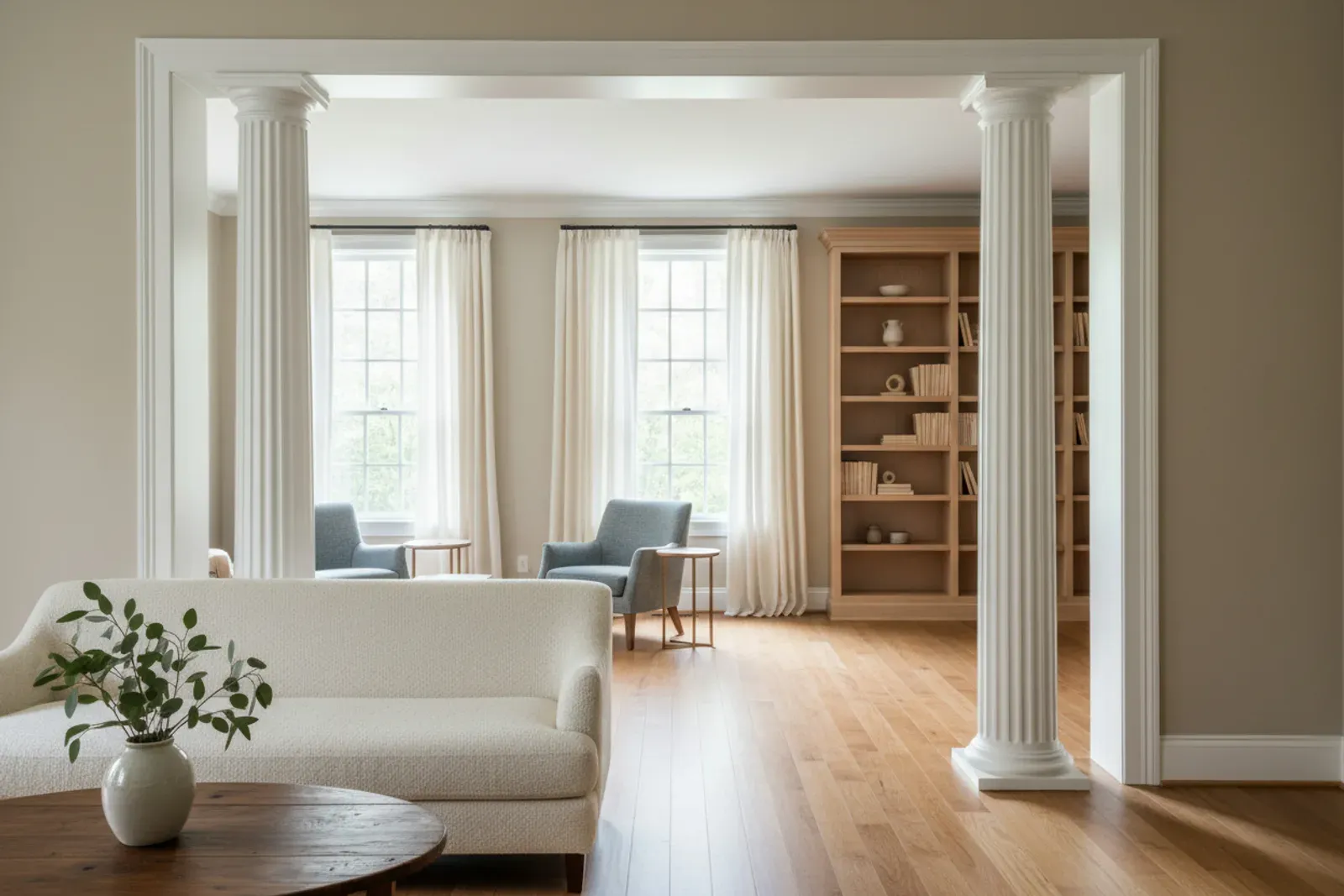 Wide interior opening framed by two fluted white columns