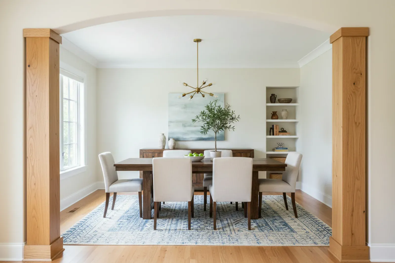 Dining room with square wood column wraps flanking the entry
