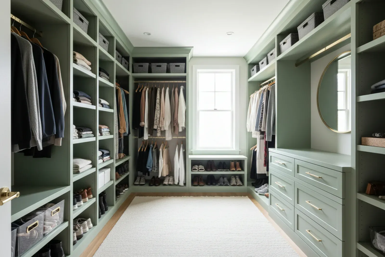 Walk-in closet of wood shelving, hanging rods and drawer banks in painted sage green