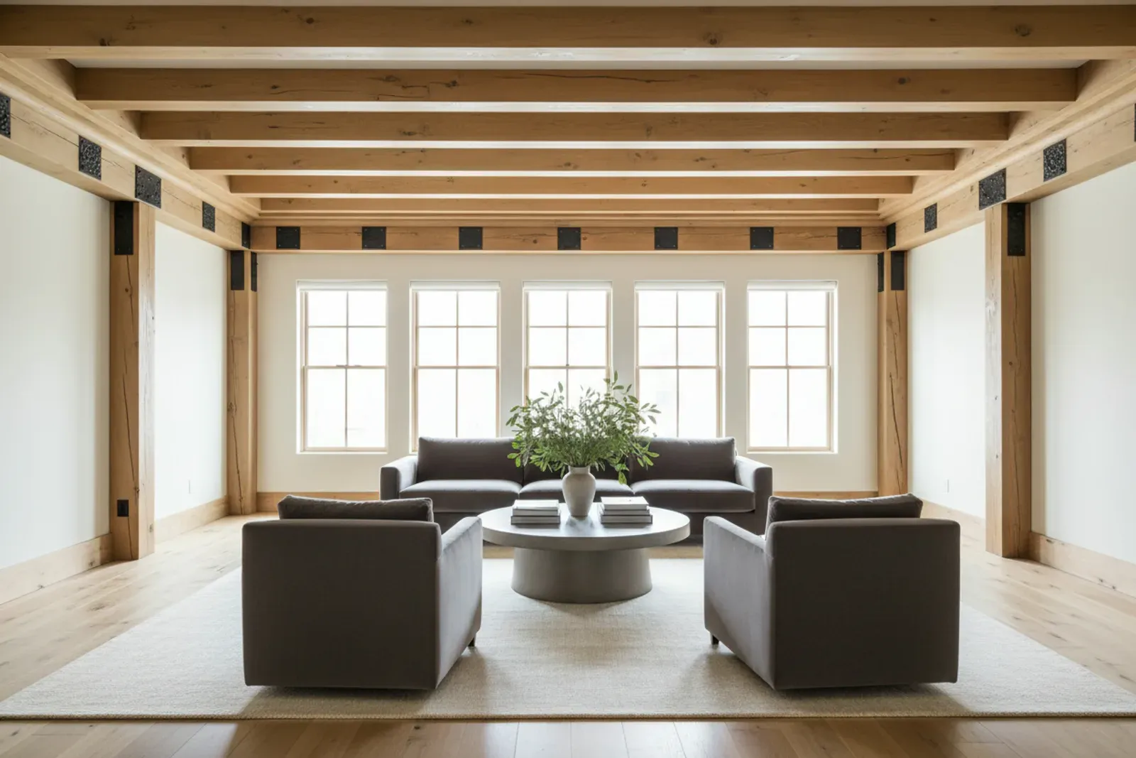 Room with wood ceiling beams and layered crown molding in white oak with black hardware