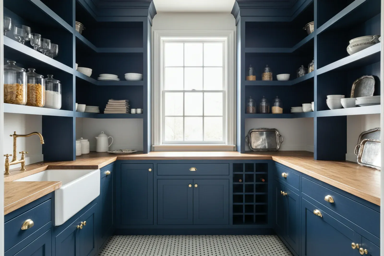 Butler pantry of floor to ceiling wooden shelving and cabinets in painted navy with brass hardware