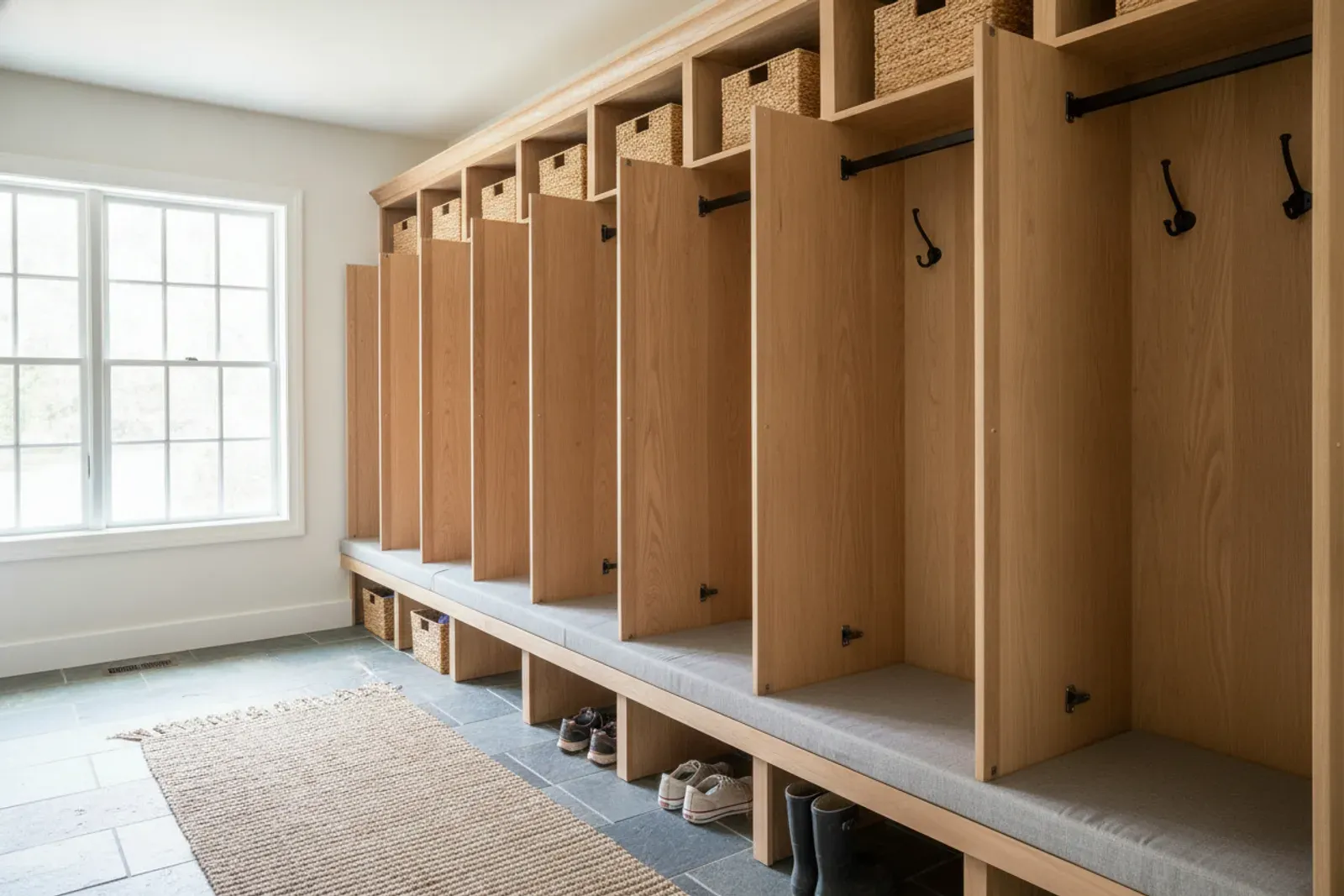 Mudroom of built-in wooden lockers with a bench and coat hooks in natural maple