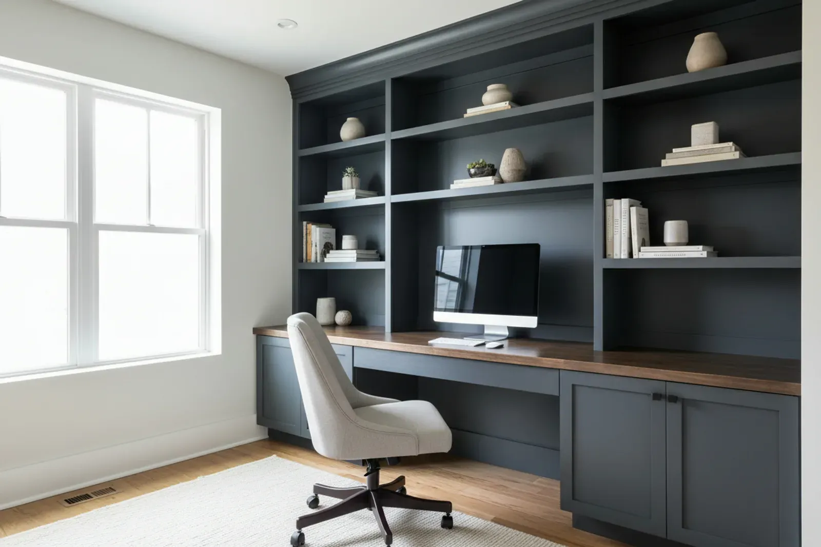 Home office with a built-in desk and upper shelving in painted charcoal