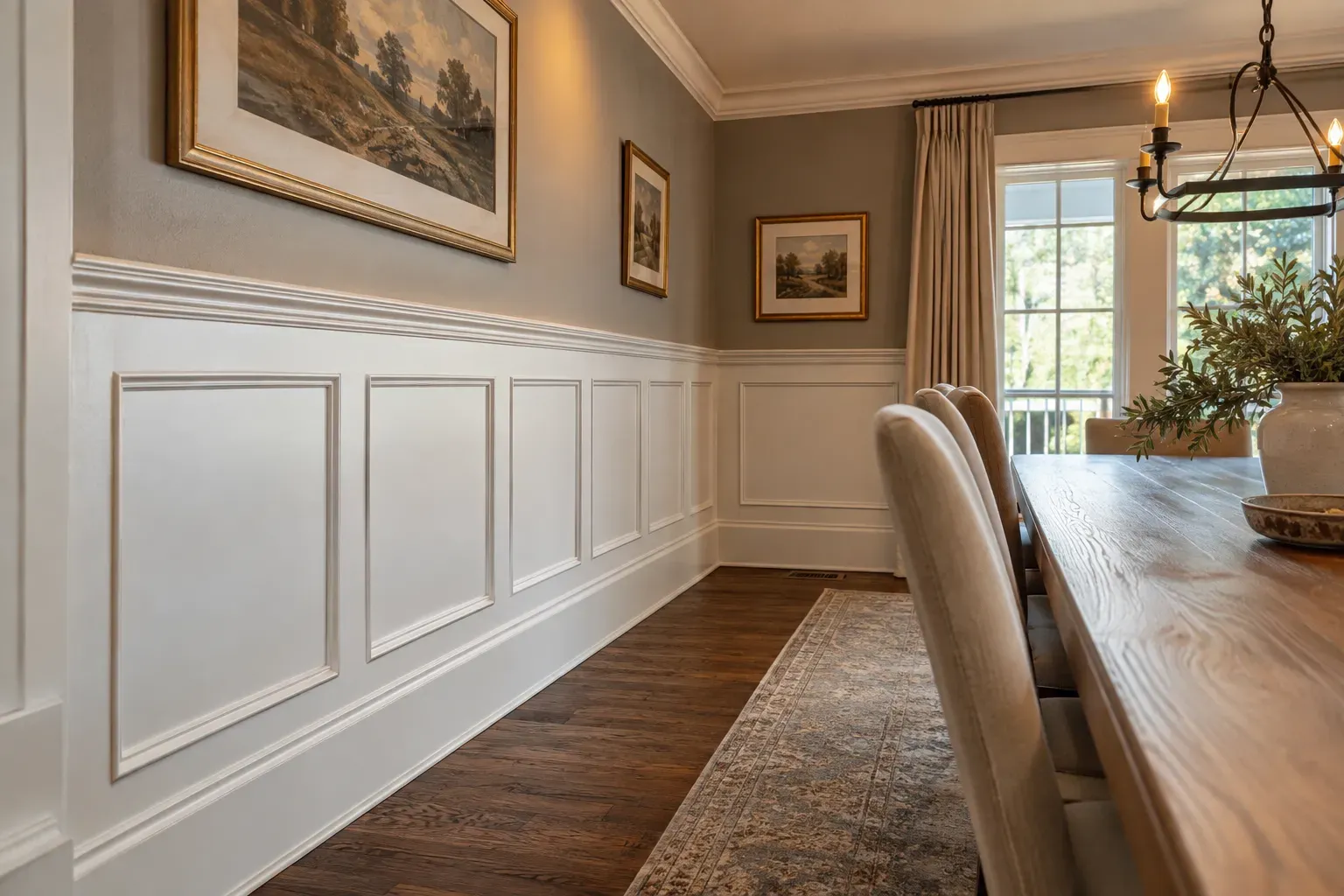 Dining room wall with white picture frame wainscoting and chair rail under gray paint beside a wood table