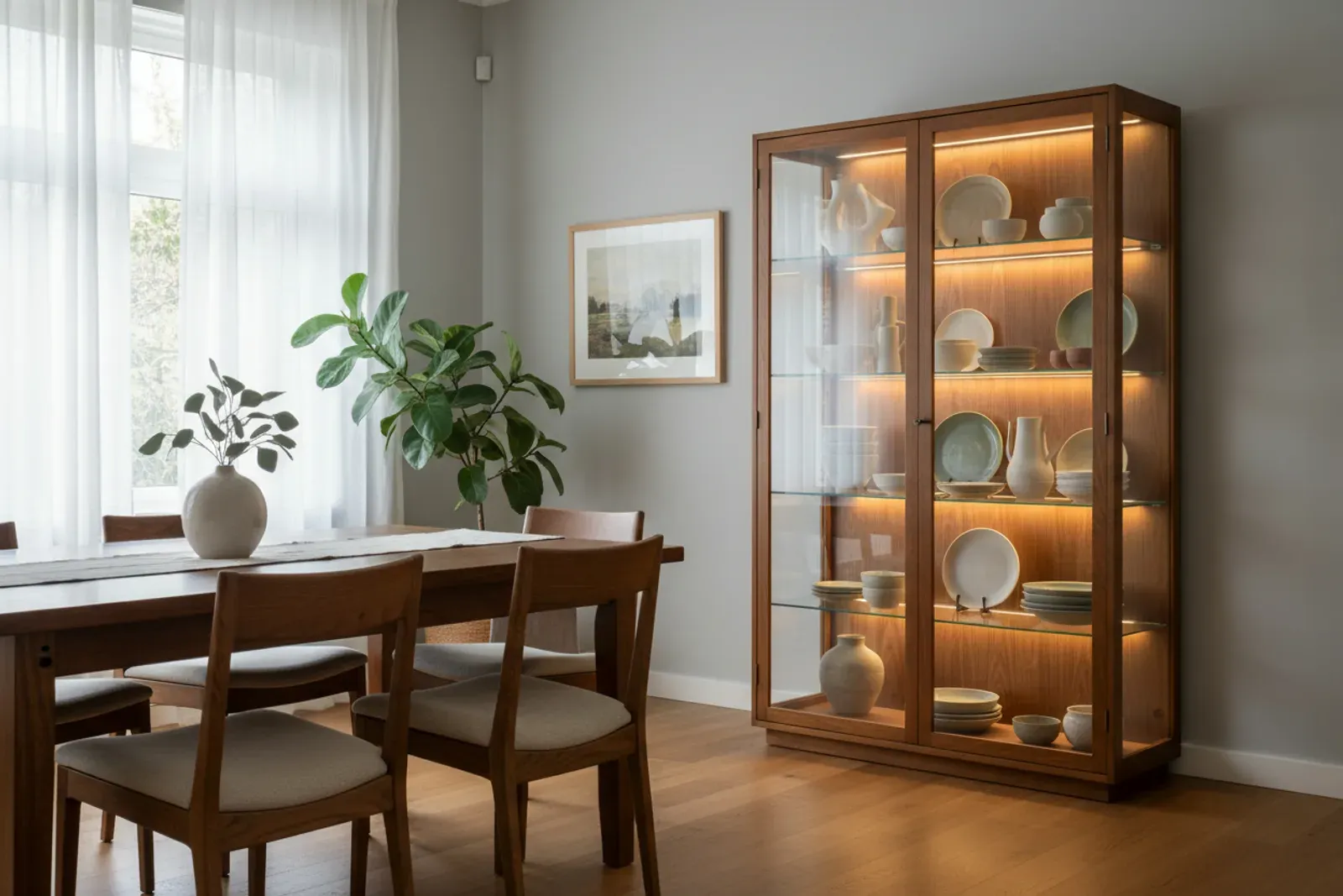 Dining room display cabinet with lit glass shelves and ceramics