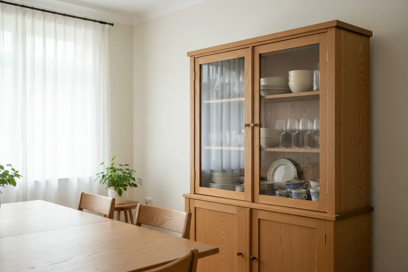 Glass fronted hutch with plates and glassware inside