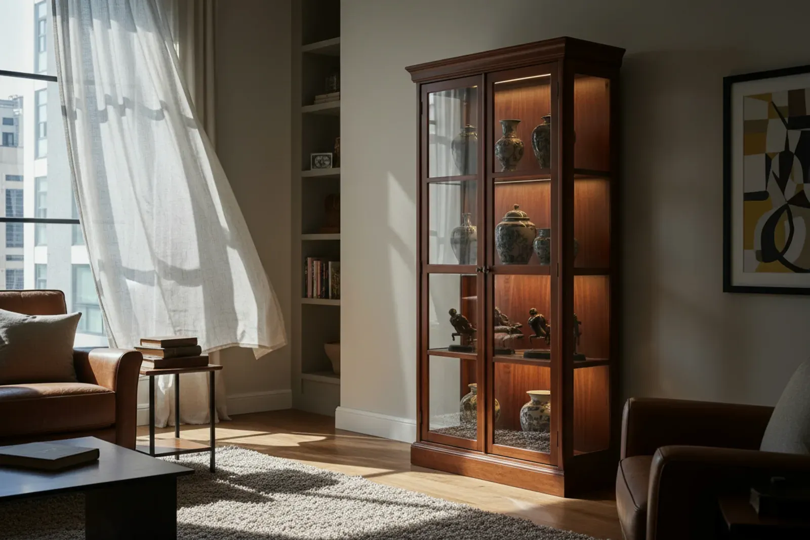 Display cabinet with interior lighting in a dark room