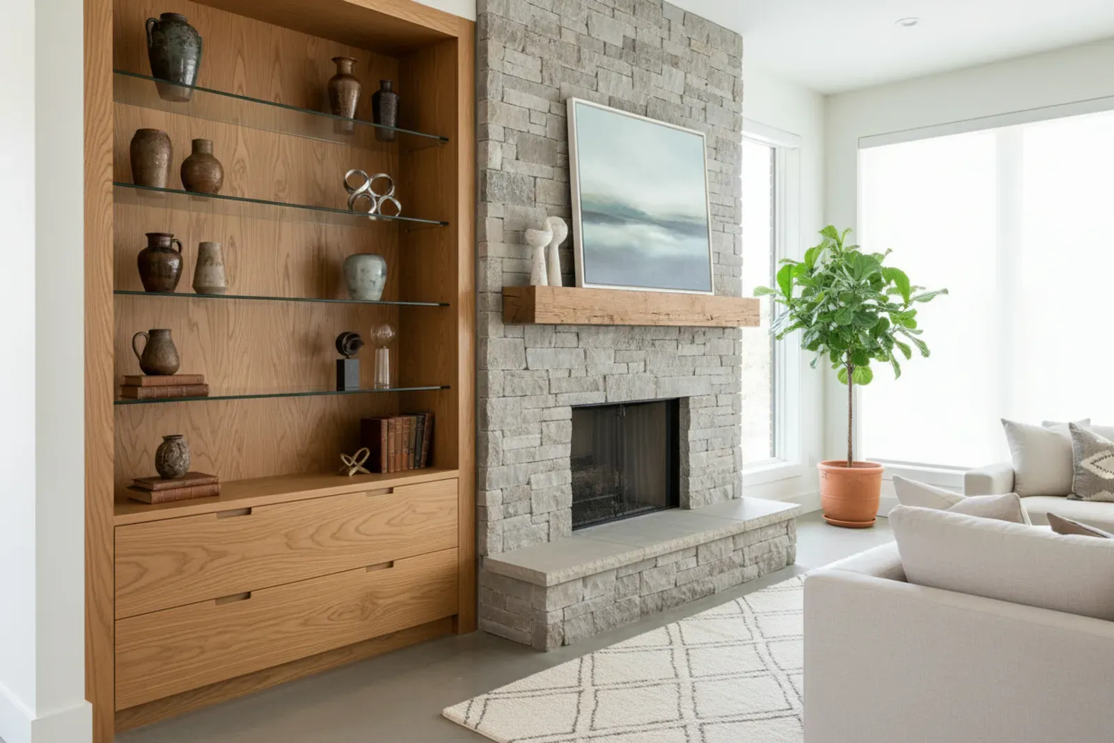 Built-in display case beside a fireplace