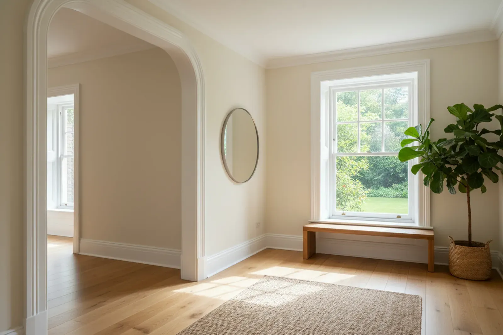 Bright hallway where a doorway and a window are framed in wide painted casing