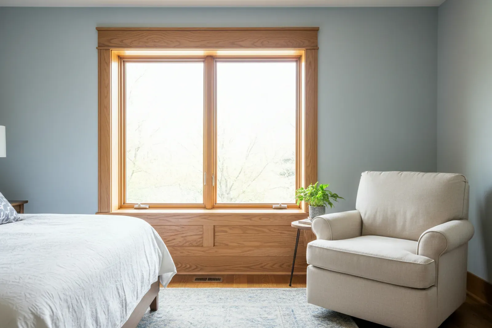 Bedroom window with craftsman style casing, stool and apron