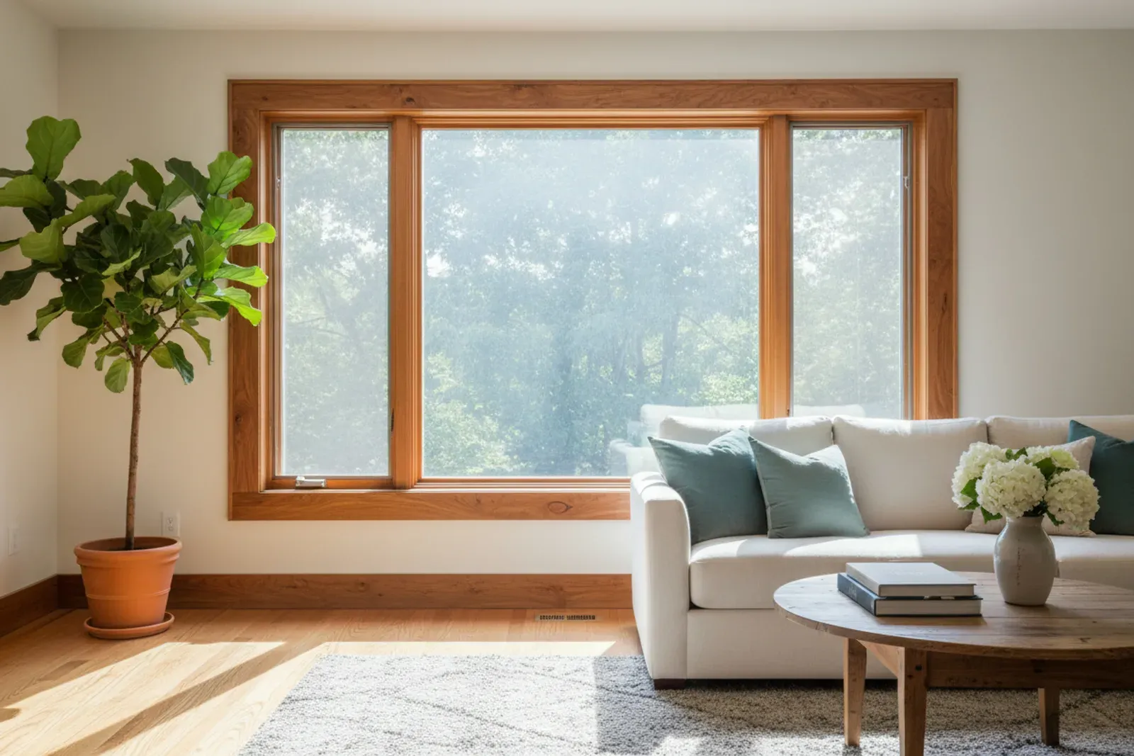 Living room window framed in stained wood casing