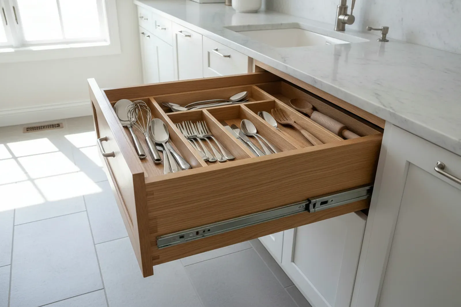 Kitchen drawer pulled fully out, undermount glides visible beneath