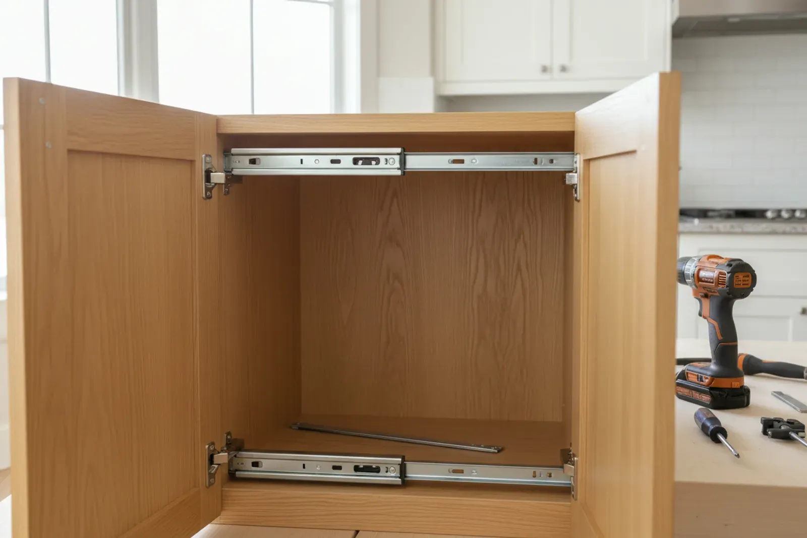 Side mount glide being replaced inside a cabinet box
