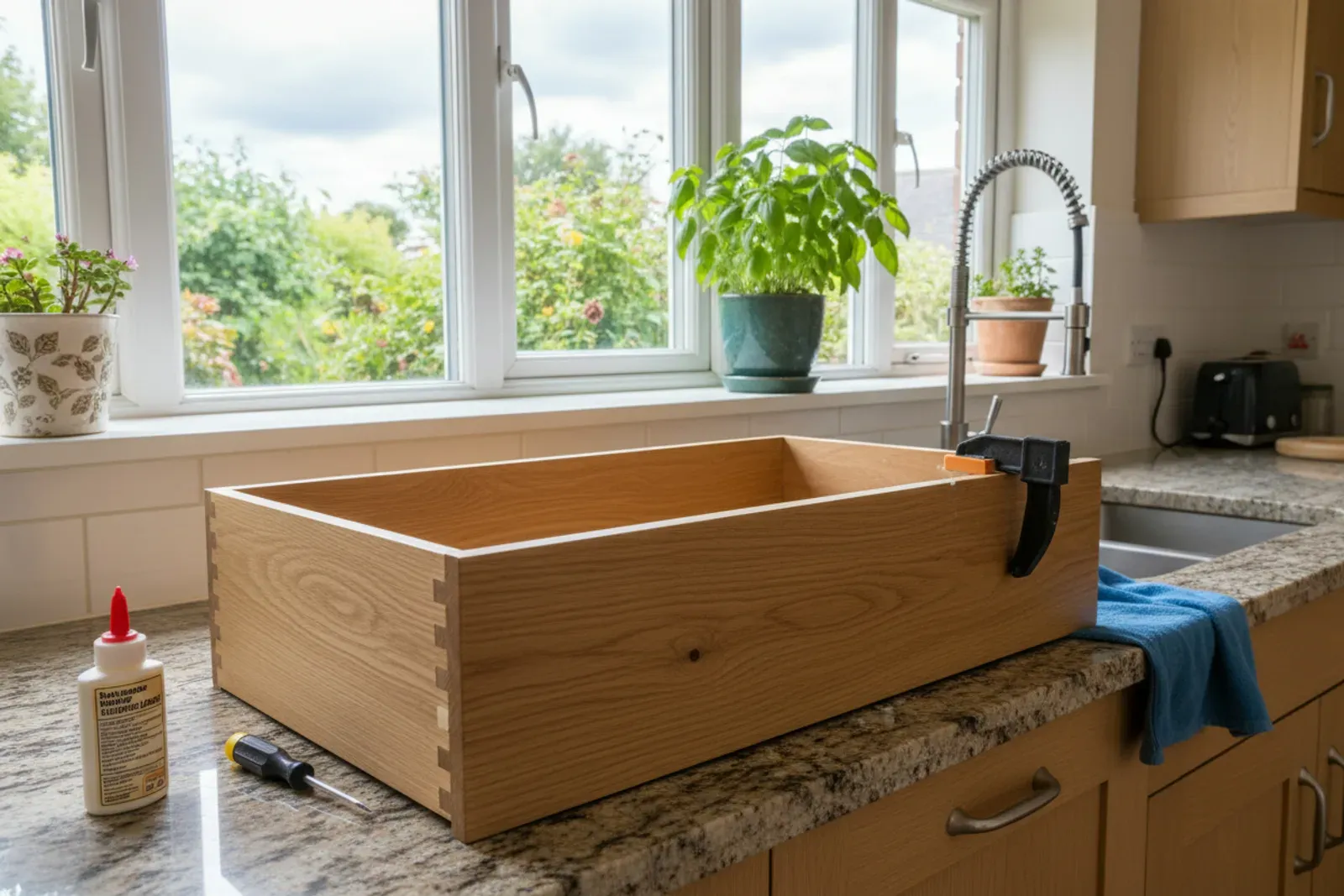 Drawer box removed and set on the counter for repair