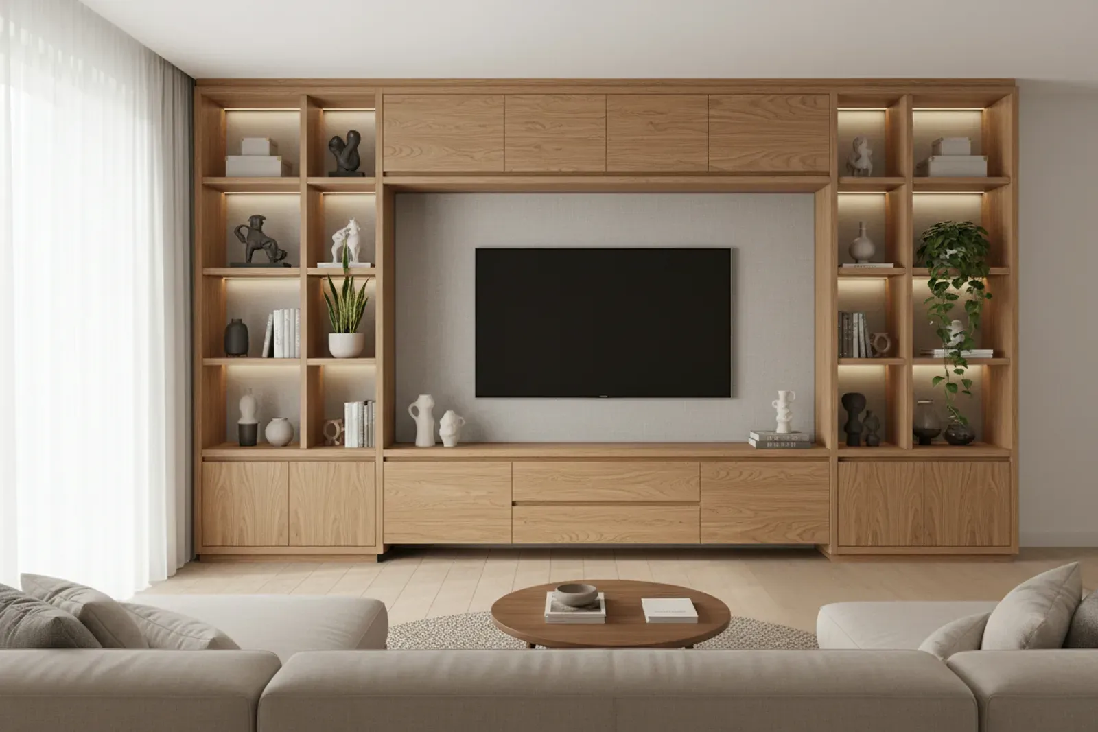 Living room built-in entertainment centre around a television
