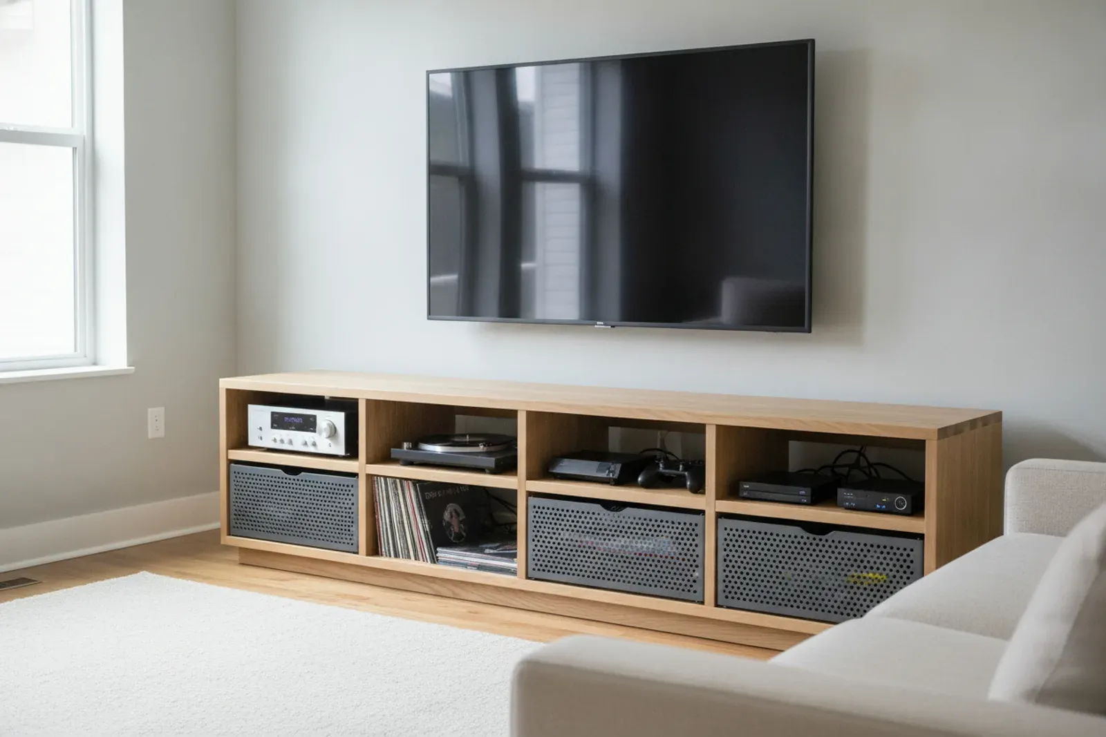 Media cabinet with components on ventilated shelves