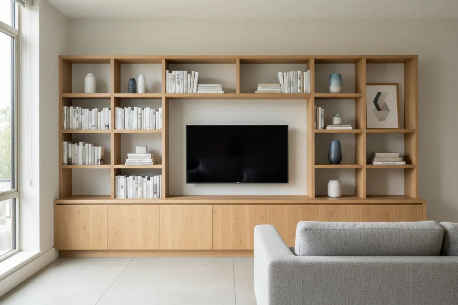 Entertainment wall with cabinets below and open shelving above