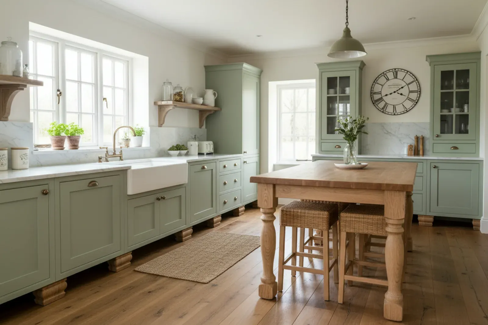 Farmhouse kitchen with an apron front sink and furniture feet on the cabinets
