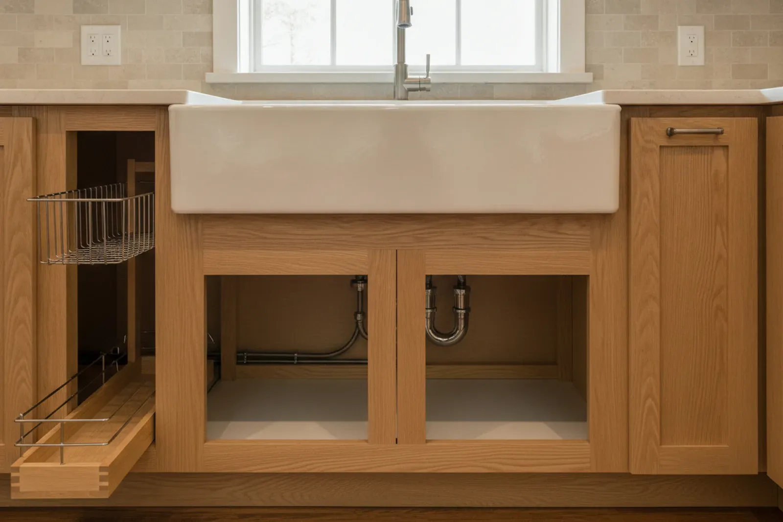 Apron sink base cabinet modified to take the sink