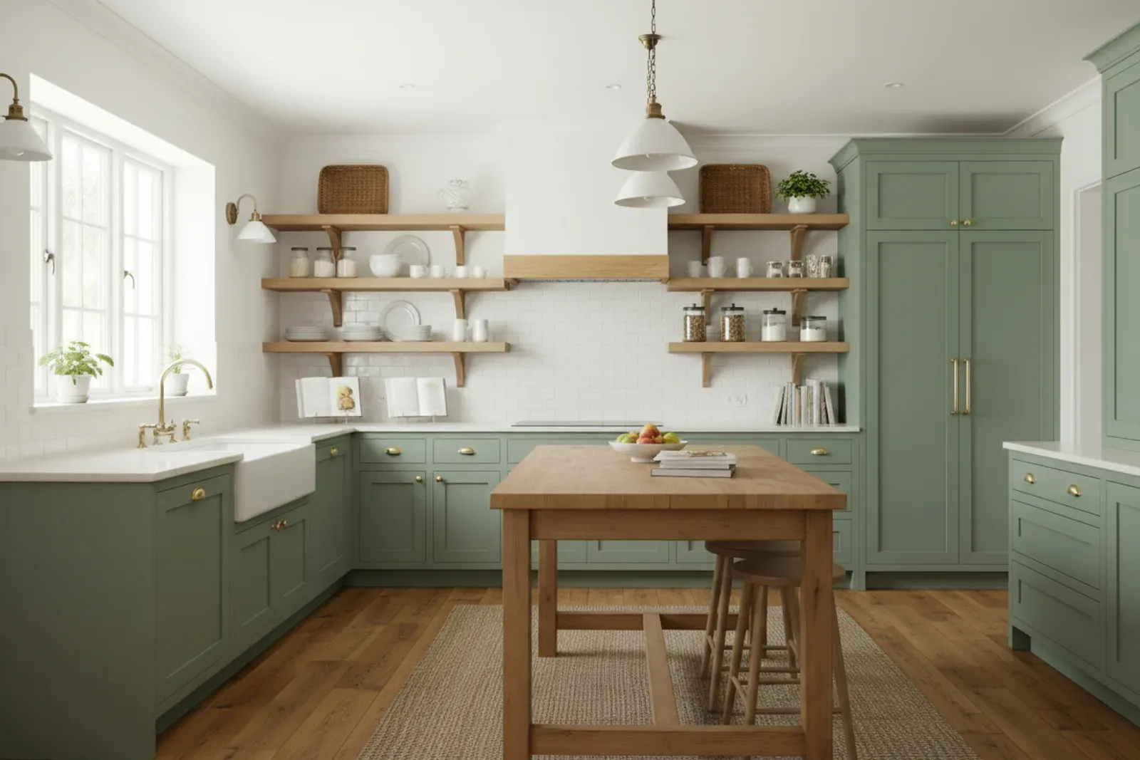 Farmhouse kitchen with open shelving and painted cabinetry