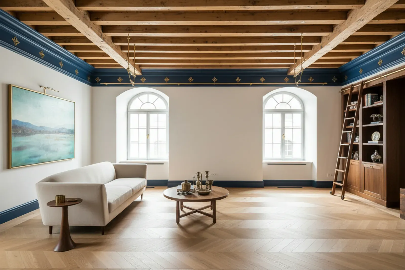 Room with wood ceiling beams and layered crown molding in painted navy with brass hardware