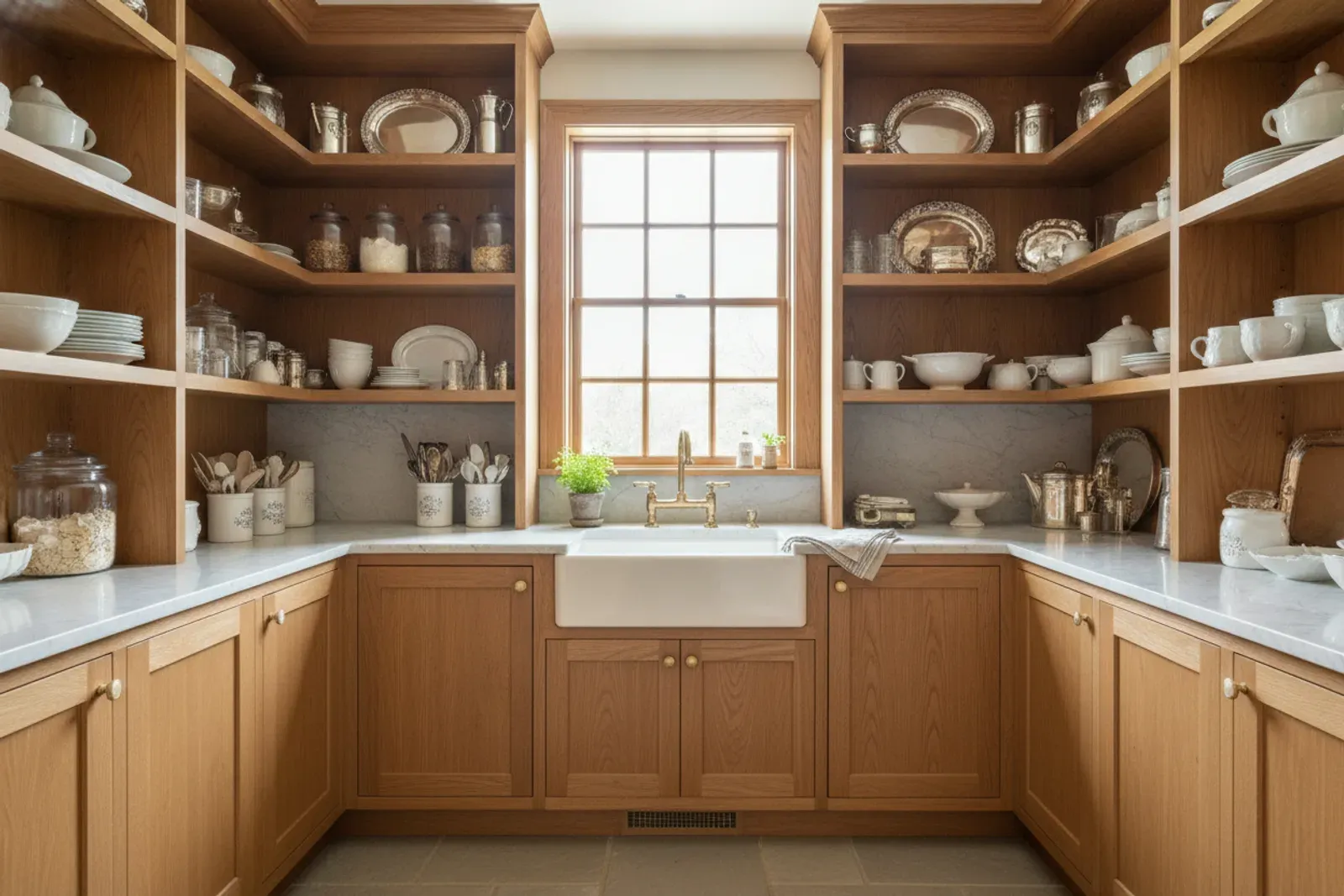 Butler pantry of floor to ceiling wooden shelving and cabinets in natural maple