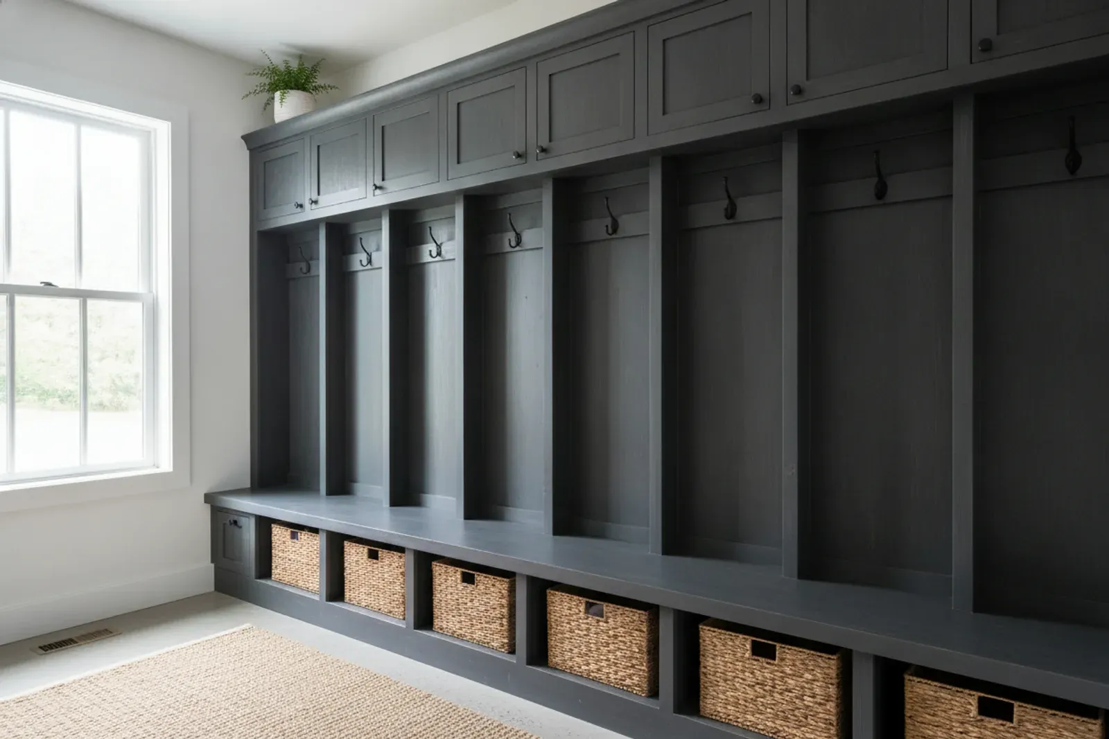 Mudroom of built-in wooden lockers with a bench and coat hooks in painted charcoal