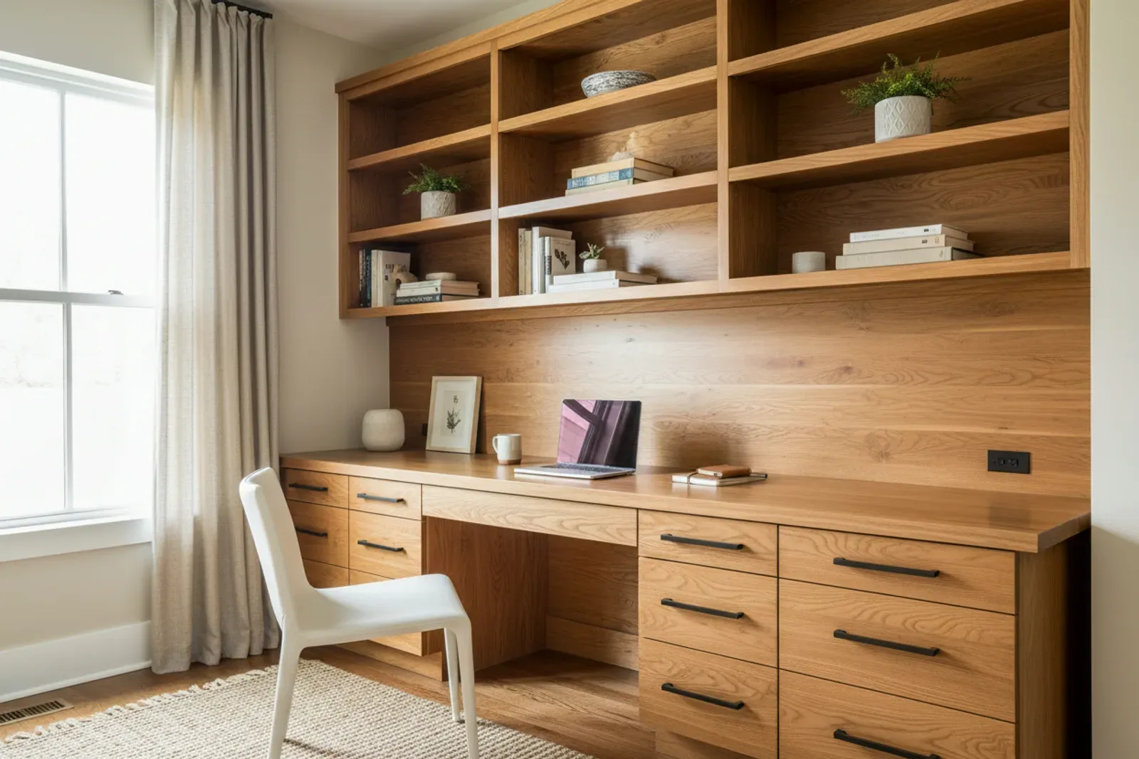 Home office with a built-in desk and upper shelving in warm stained oak
