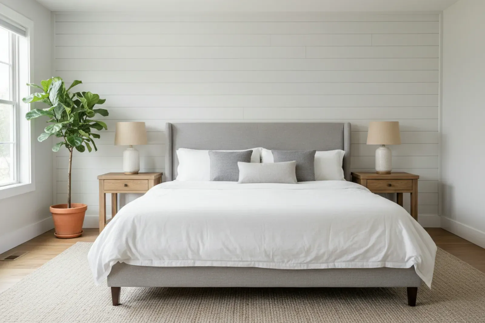 Bedroom wall of board and batten panelling behind the bed painted soft white