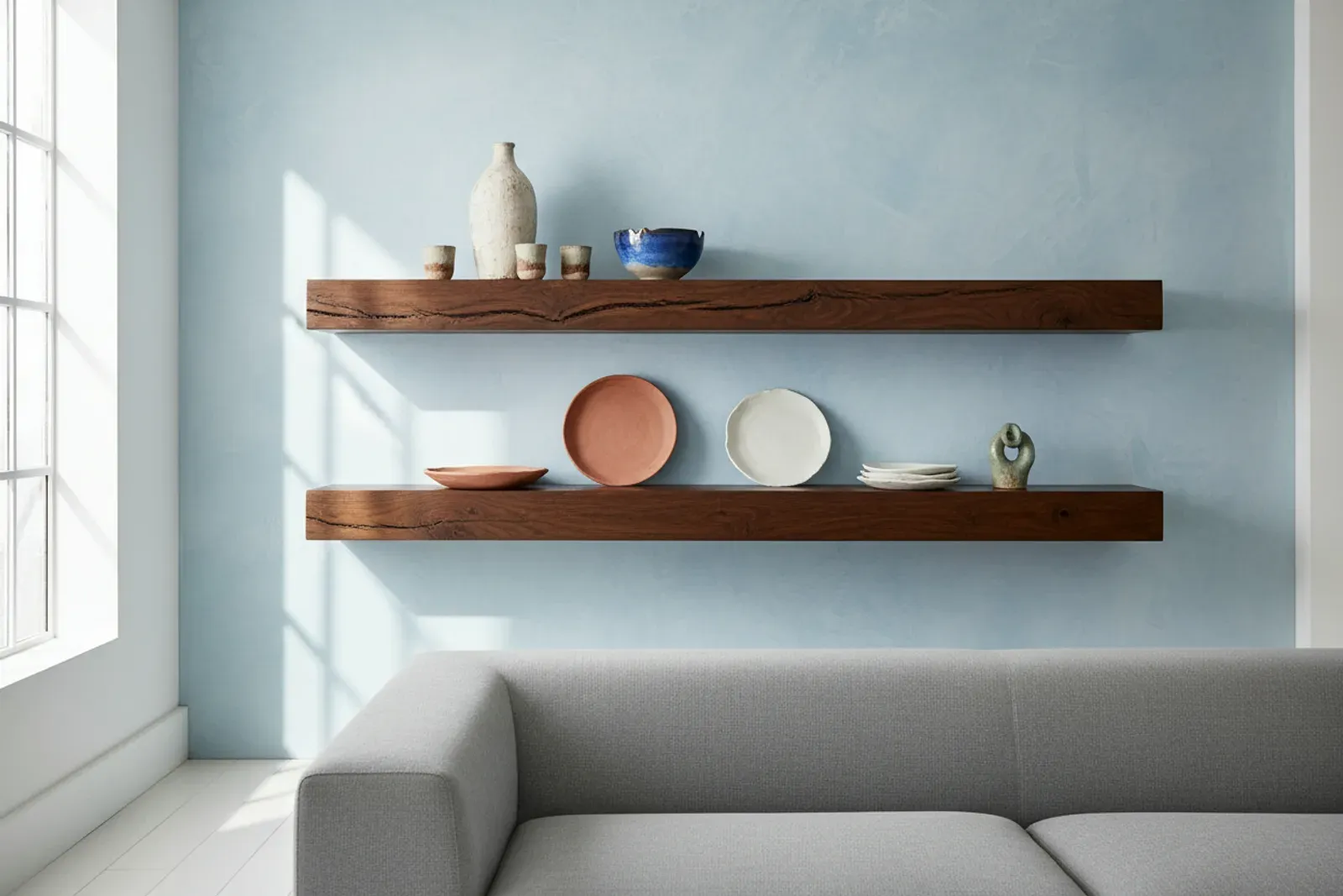 Thick solid wood floating shelves on a painted wall holding ceramics