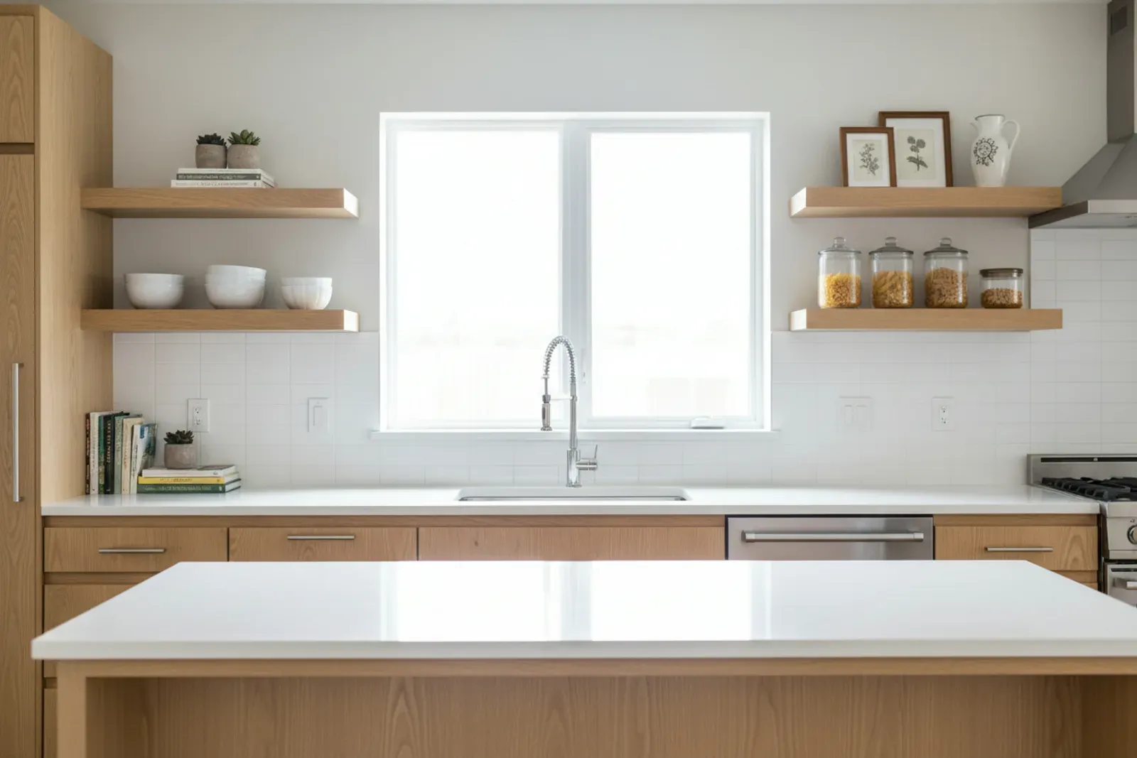 Floating shelves on either side of a kitchen window above the counter