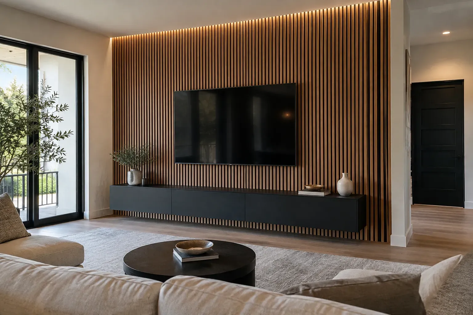 Floor to ceiling vertical wood slat TV wall with LED cove lighting and a floating black media console