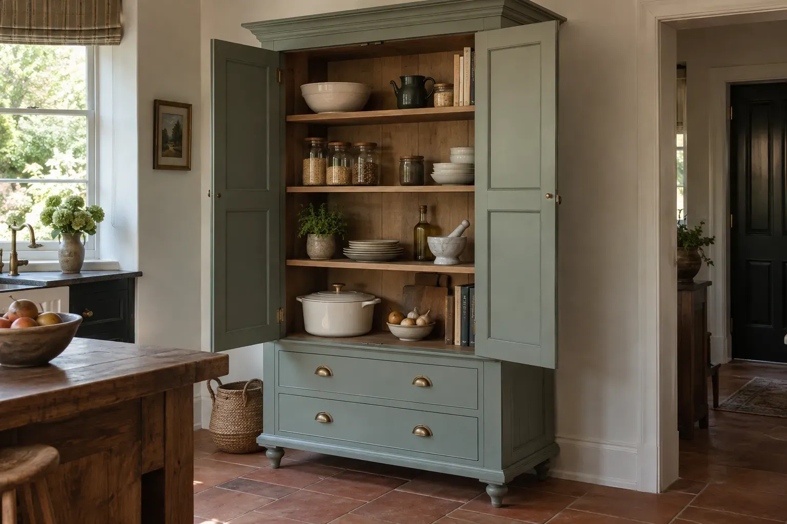 Freestanding sage green pantry cupboard with open doors, wood-lined shelves and brass cup-pull drawers